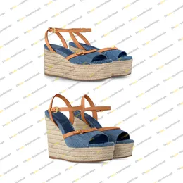 New Designer Remix Helios Wedge Sandal Women lady espadrille tweed 3.5cm platform Denim canvas 13cm ankle strap high heel sandal shoes size 35-42 with box