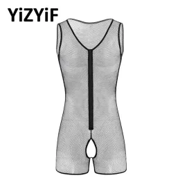 Badkläder sexiga herrar onepiece baddräkter se genom ren fisknät underkläder unck crotchless främre dragkedja tankspekor bodysuit jumpsuit