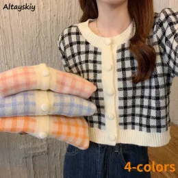 Cardigans Cardigan Women Patchwork Plaid Casual Corp Kawaii Fashion College Simple Korean Style Loose Allmatch Cozy Youth Cute Basic Chic