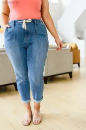 Jeans Judy Blue Payton Pull On Denim Joggers monterade Carmen Double Cuff Loose Elastic Midje Versatile Casual Harem Right Leg Pants