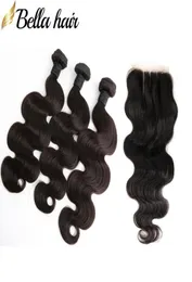 Fasci di capelli umani peruviani con chiusure Trame di capelli ondulati con chiusura in pizzo Estensione dei capelli vergini in 3 parti Bellahair5147878