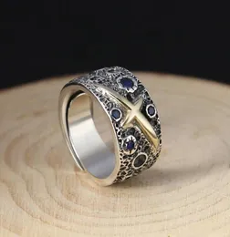 Anello da uomo con croce color oro argento S925 reale di alta qualità Thai argento blu stellato retrò anello aperto regalo di compleanno gioielli intero5128339