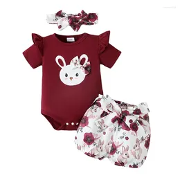 衣類セット生まれの幼児の女の赤ちゃんイースター衣装の手紙プリント半袖ロンパーエラスティックウエストショーツヘッドバンド3PCSセット