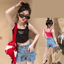 Streetwear Teenage Girls Tank Top Suspender Strap Kids Crop Top Sleeveless Vest Open Back Hip Hop Dance kläder 4 till 16 år 240301