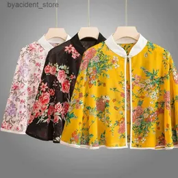 Koszulki męskie Koszulki przeciwsłoneczne drukowanie poncze zwykły płaszcz Elegancki damski guziki Pullovers Spring Summer cienki vintage rękawski odzież damska L240306