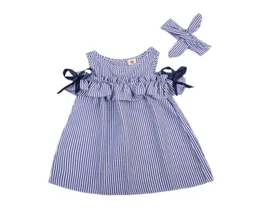 2018 NYA SOMMER TODDLER KIDS BIRLIGA GIRLER Härliga kläder Blue Rands Offshoulder Ruffles Party Gown Formella klänningar1773507