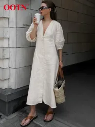 Kleider Oo Sexy V-ausschnitt Rückenfreie Lange Kleider Sommer Beige Puff Hülse Mit Drei Vierteln Kleid Baumwolle Leinen Casual Kleid Robe Frauen 2023