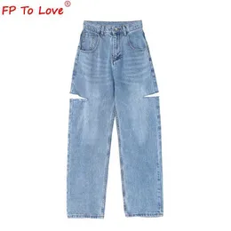 Jeans femininos Design feminino jeans calças jeans primavera e outono estilo de rua rasgado comprimento total cintura alta luz azul com zíper calças largas J240306