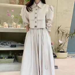 Work Dresses Korean Fashion Matching Sets Puff Sleeve Button Short Blouses High Waist Pleated Long Skirts Solid Color Design Women's