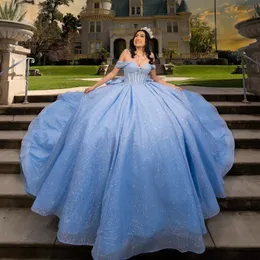 Sky Blue Off the Shoulder Peat Ball Gown Quinceanera Dresses Illusion Glitter Crystal Beading Tull Vestidos de 15 Anos