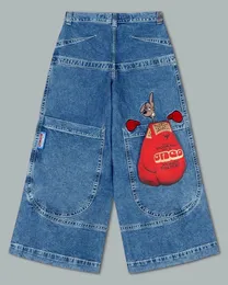 JNCO Jeans Hip Hop Cartoon Canguro Grafica ricamata Retro Blu Baggy Gothic Pantaloni a gamba larga a vita alta 240301