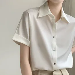 Hemd JMPRS Elegantes Damen-Chiffonhemd Weiß Büro Sommer Kurzarm Sommer Damen Tops Lässige Lose Große Größe Button-Up-Bluse