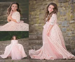 2019 Blush Pink Lace Girls Pageant Dresses with Long Sleeves Overkirt Length Child Flower Girls Dress Fress Gont22965481061959