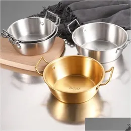 Dishes Plates 1Pcs With Handle Stainless Steel Bowl Serving Korean Cuisine Sauce Seasoning Dish Gold Sier Kitchen Tableware Drop D Dhowf