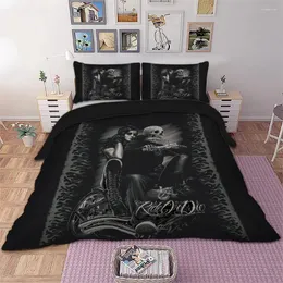 Conjuntos de cama Roupa de cama Halloween King Size 3D Crânio Preto Duveta Capa Fronha Motocicleta Pesadelo Antes do Natal