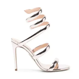 Sandálias de salto alto de couro espelhado Cleo – Sapatos de noite enfeitados com strass de 95 mm com envoltório no tornozelo, calçados de grife de luxo, tamanho 43