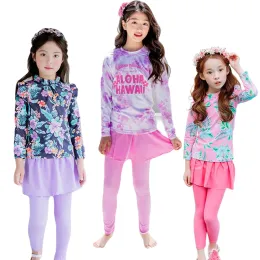 Costumi da bagno per bambini Costumi da bagno per ragazze 2023 Set da 2 pezzi Camicia a maniche lunghe con stampa floreale 2 In1 Gonna da principessa Pantaloni Costume da bagno per bambini Spiaggia