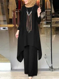 Pants Fashion Solid Muslim Sets ZANZEA Autumn Long Sleeve Blouse And Wide Leg Pants Suit Turkey Abaya Urban Tracksuit Islamic Clothing