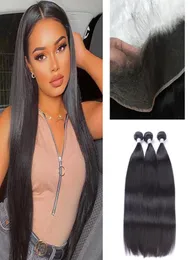 Brazilian Human Hair Wefts With 134 Lace Frontal HD Silky Straight 4 Pcslot Bundles With Frontals Natural Color3328524