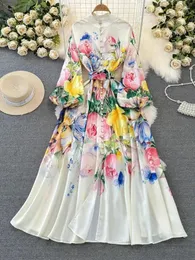 Casual Dresses Spring Holiday Tulip Floral Maxi Dress Elegant Stand Collar Single Breasted Lantern Sleeve Belt Prom Robe Clothes Vestidos