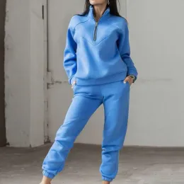 Takımlar 2 PC/Set Trailsuit Kadın Sweatshirt Pantolon Set Gevşek Uzun Kollu Düz Renk Sıcak Elastik Bel Topluluğu Jogging Femme