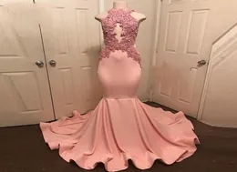 Abiye Peachpink Mermaid Prom Gowns Halter Neck Neckeseveless Robe de Soiree Party Dress Lace Aptliques Long Prom Dress 2018 Formal D8091866