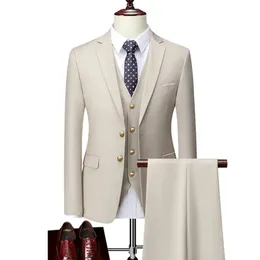 Mode Mens Leisure Boutique Solid Color Slim Fit Suit Pants 3 PCS Set Male Casual Dress Blazers Jacket byxor Vest 240227