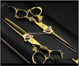 6Dot0 2Pcs Sharp Dragon Handle Gold Barber Hair Scissors Set Salon Cutting Thinning Shears Hairdressing Flat Teeth Blade Sq6216P286291995