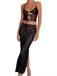 Suits Chronstyle 2st Women Suits spets ärmlös remma Halter Camis Crop Tops Party Club Mesh See Through Tank Low midje långa kjolar