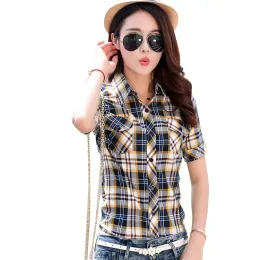 Hemd Marke Neue 2023 Sommer Stil Plaid Print Kurzarm Shirts Frauen Plus Größe Blusen Casual 100% Baumwolle Tops Blusas 14 farben