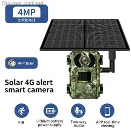 Kamery myśliwskie Kamery 4MP 4G 6W Solar Trail Trail Store Diwirectireal Audio PIR Czujnik Nocna Nocna Wizja Kamera dzikiej przyrody Q240306