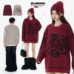 BLUREMO |Neujahr des Jahres der Loong Vertical Stripe Kontrast-Jacquard-Strickpullover mit langen Ärmeln und lockerer Mode