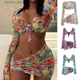 Women's Swimwear Womens sexy floral print mesh 3-piece set with long sleeved tie front crop top thong side brushed mini skirt Q240306