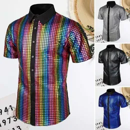 Camisa masculina discoteca vintage 70s, camisa reflexiva brilhante com lantejoulas e gola virada para baixo, manga curta com botões