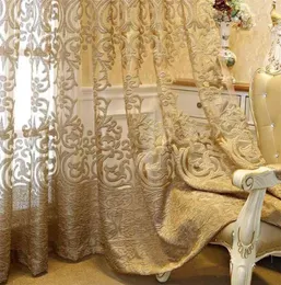 European Luxury Dark Golden Embroidered Tulle Curtain Jacquard Sheer Panel för vardagsrummet sovrum Royal Home Decor ZH4314 2109033743811