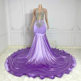 2024 Lekkie fioletowe sukienki na studniowe rozmiar Sukienki syreny wieczorowe Iluzja Kryształki Kryształy Kobiety Formalne suknie na specjalne okazje Suknia urodzinowa dla czarnej dziewczyny am504