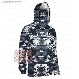 Men's Casual Shirts HUK Fishing Shirts Camouflage Mask Fishing Clothing UPF50+ Face Cover T-shirt Men Long Sleeve Hoodie UV Protection Fishing Tops L240306