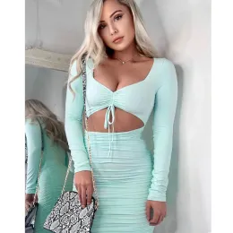 Vestido de verão novo feminino turquesa gola baixa gola v manga comprida babados gravata borboleta mini vestido curto