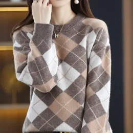 Pullovers 100% Merino Wool Women Warm Sweater Four Plain Needle Thickened Winter ONeck Loose Pullover Casual Knit Sweater Colorblock Tops