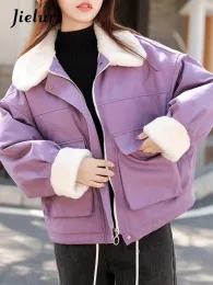 Parkas jielur 주문 색상 캐주얼 겨울 여성 파카 패션 단순한 세련된 지퍼 포켓 보라색 핑크 블루 블랙 여성 파카 스 스트리트웨어