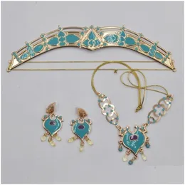 Wedding Jewelry Sets Women Jasmine Royal Crown Headband Earrings Pendant Necklace Set Teal Dress Up Princess Adts Kids Costume Kit Dr Dh4Aw