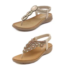 2024 Bohemian Sandals 여성 슬리퍼 웨지 검투사 샌디아이어 샌디아스 여성 탄성 해변 신발 끈 비드 컬러 1 gai