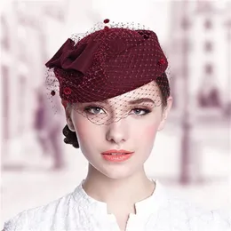 Berety czapki dla kobiet panny młodej elegancka wełniana gaza bok linie lotnicza stewardess biała kobiety fedora czapki formalne lady hat royal style260J