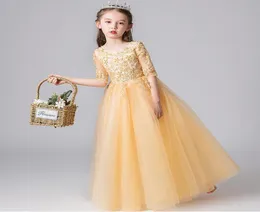 Urocze Gold Champaign 12 rękawów Koraliki Flower Girl Dresses Girls039 Kowotki sukienki wakacje