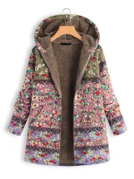 Parkas Fitshinling Print Floral Vintage Winter Women's Cold Coat 2023 Plush Cosy Warm Outerwear Fashion Hooded Long Jacket Female New