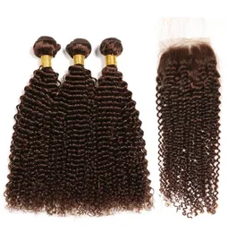 Премиум-средне-коричневые 4 кудрявых вьющихся человеческих волос Remy 3 пучка плетения с кружевной застежкой 4X43840059