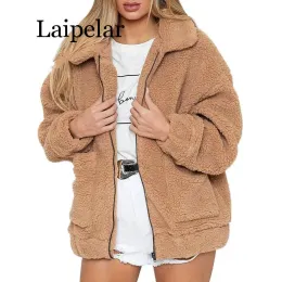 Pele laipelar mulheres jaqueta de pele do falso fofo urso de pelúcia velo falso casaco de pele zip bolso manga longa casual streetwear inverno femme