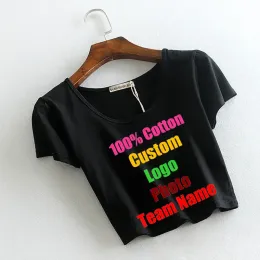 T-shirt 2022 Sexy Solid Black Summer Women Tops T shirt Short Sleeve Blank Custom Logo Text Photo Printed Tee Cropped TShirt