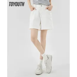 Jeans Toyouth Women Short Jeans 2023 Summer High Waist Straight Loose Wide Leg Ashaped Pants Casual All Match Basic White Trousers