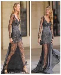 2018 Abiti da sera in pizzo a maniche lunghe grigie Abiti da ballo sexy Zuhair Murad grigi con chiffon Sweep Train Gossip Girls Eveni formali8335181